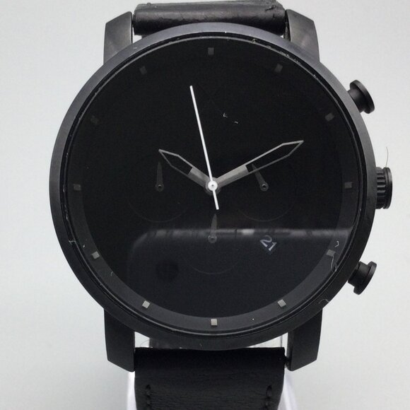MVMT Chronograph Watch Men 45mm Black Date Leather Band 50M New Battery
